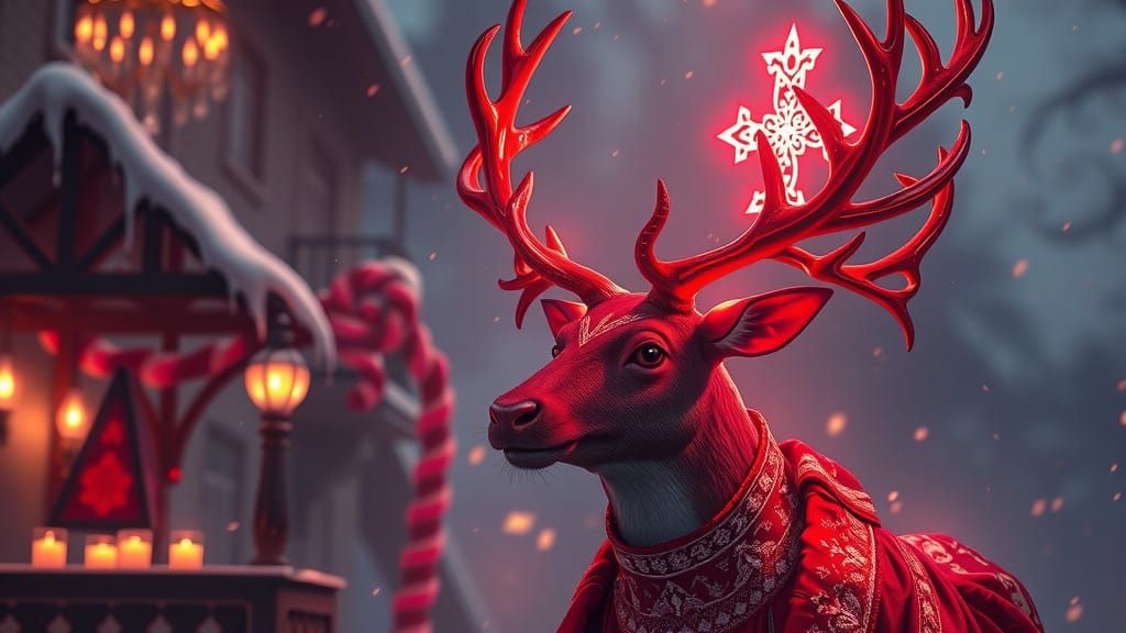 Cyberpunk Digital Priest Reindeer Amidst Ruby Explosions
