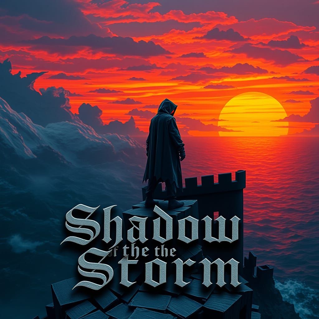 Cloaked Figure Overlooks Stormy Sea at Sunset