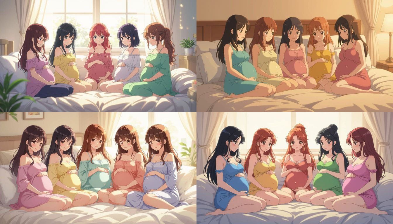 Six Pregnant Anime Women Posing Together on a Bed