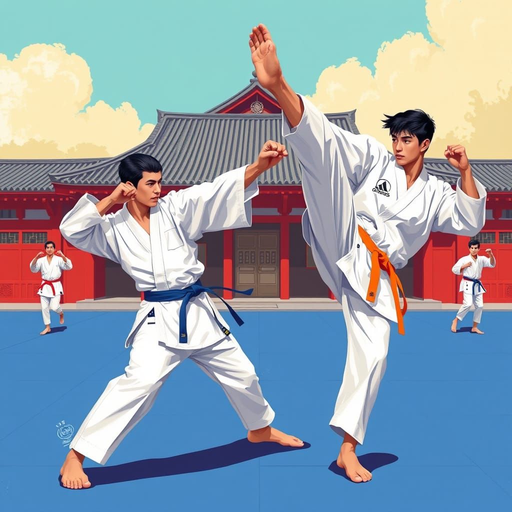 Karate Practitioners in Japanese Architecture, Dynamic Style...