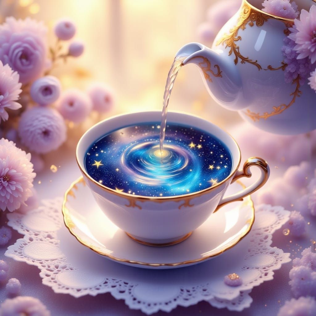 Magical Teacup with Galaxy Liquid, Painterly Anime Style