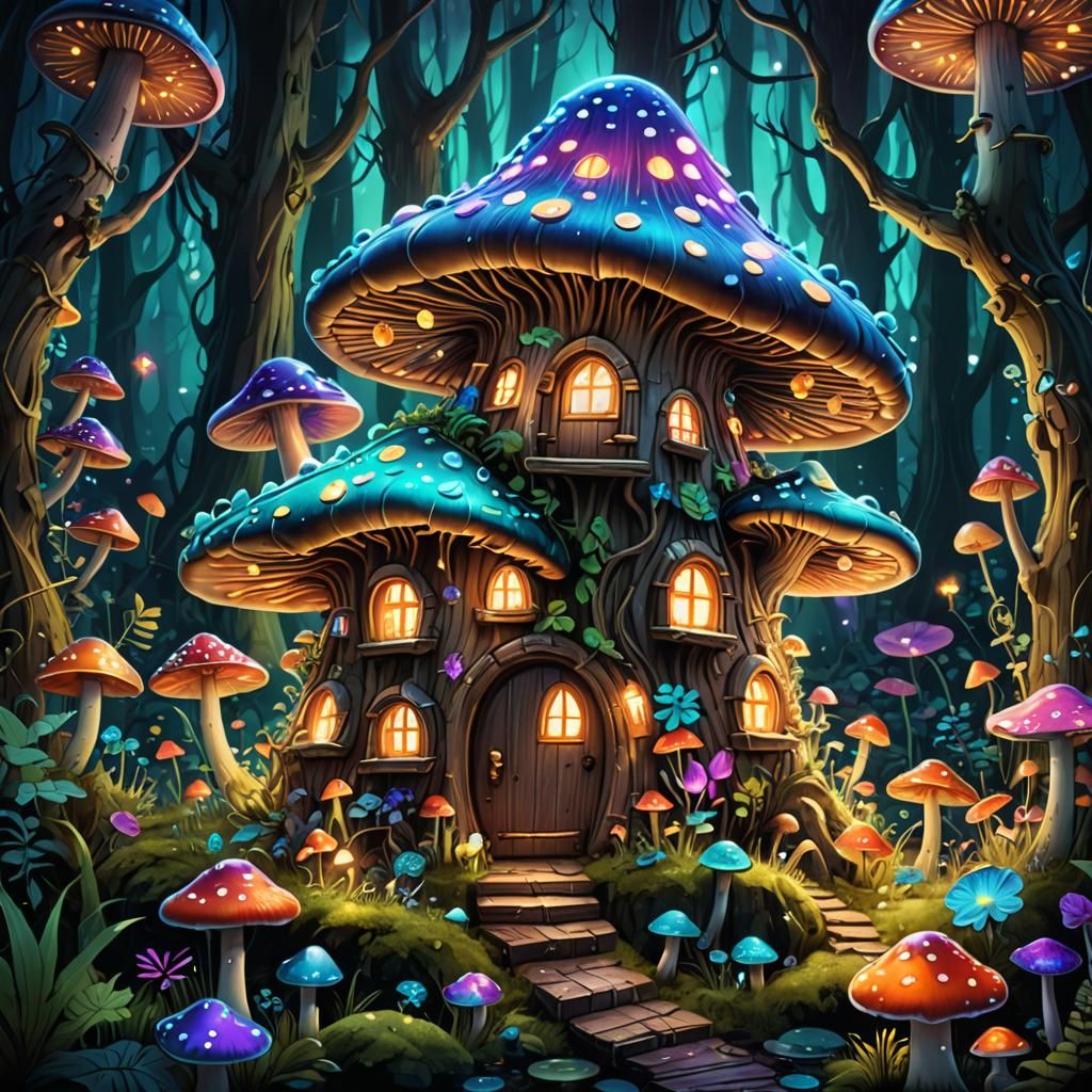 A fairy mushroom house in an enchanted bioluminescent forest...