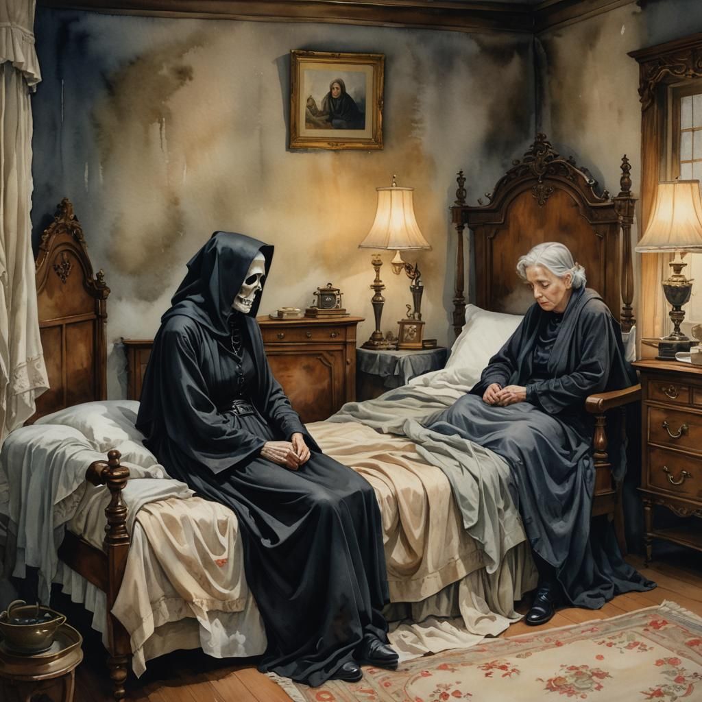 Grim Reaper Comforts Elderly Woman: Watercolor Painting