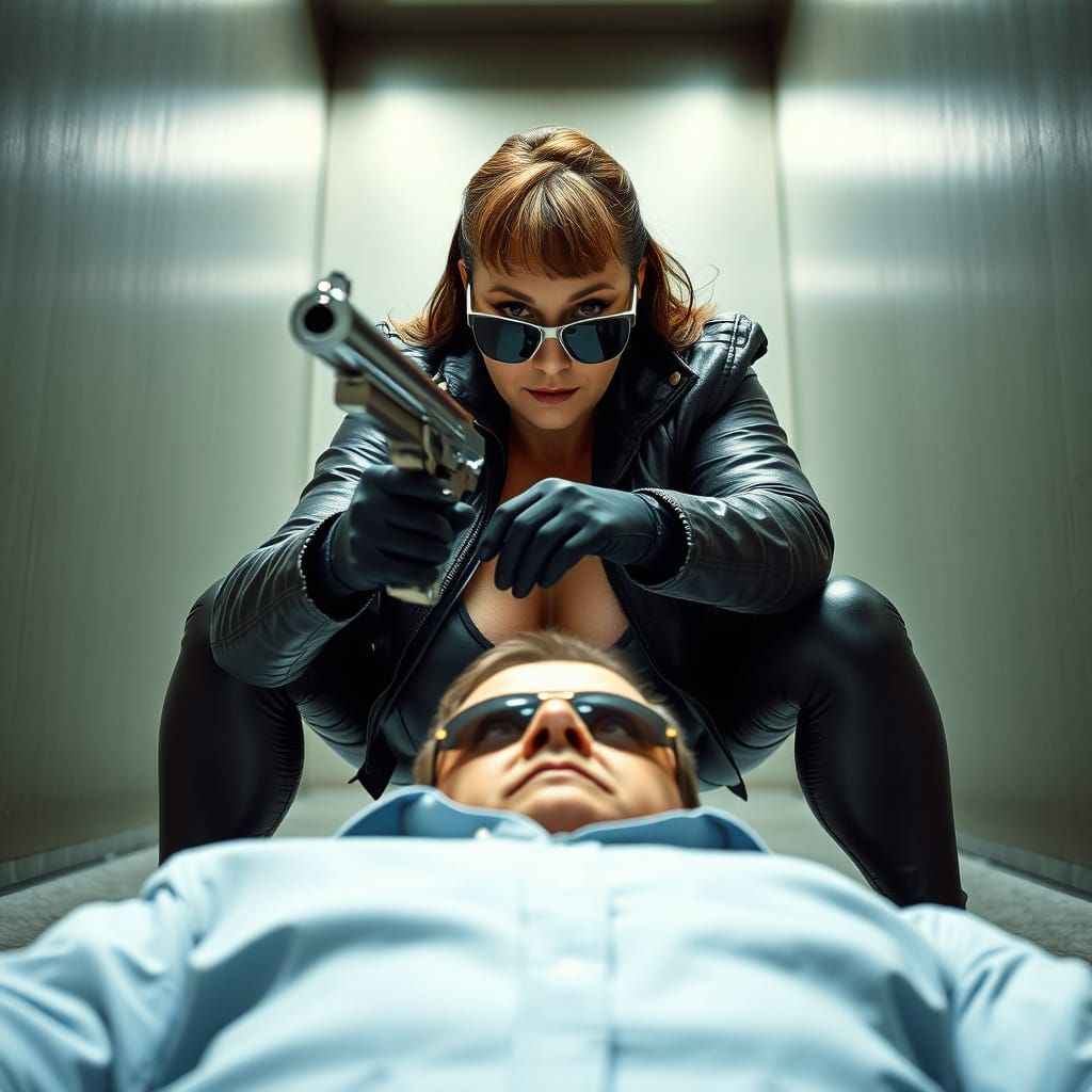 Dominatrix in Leather Aims Gun: Worm's Eye View