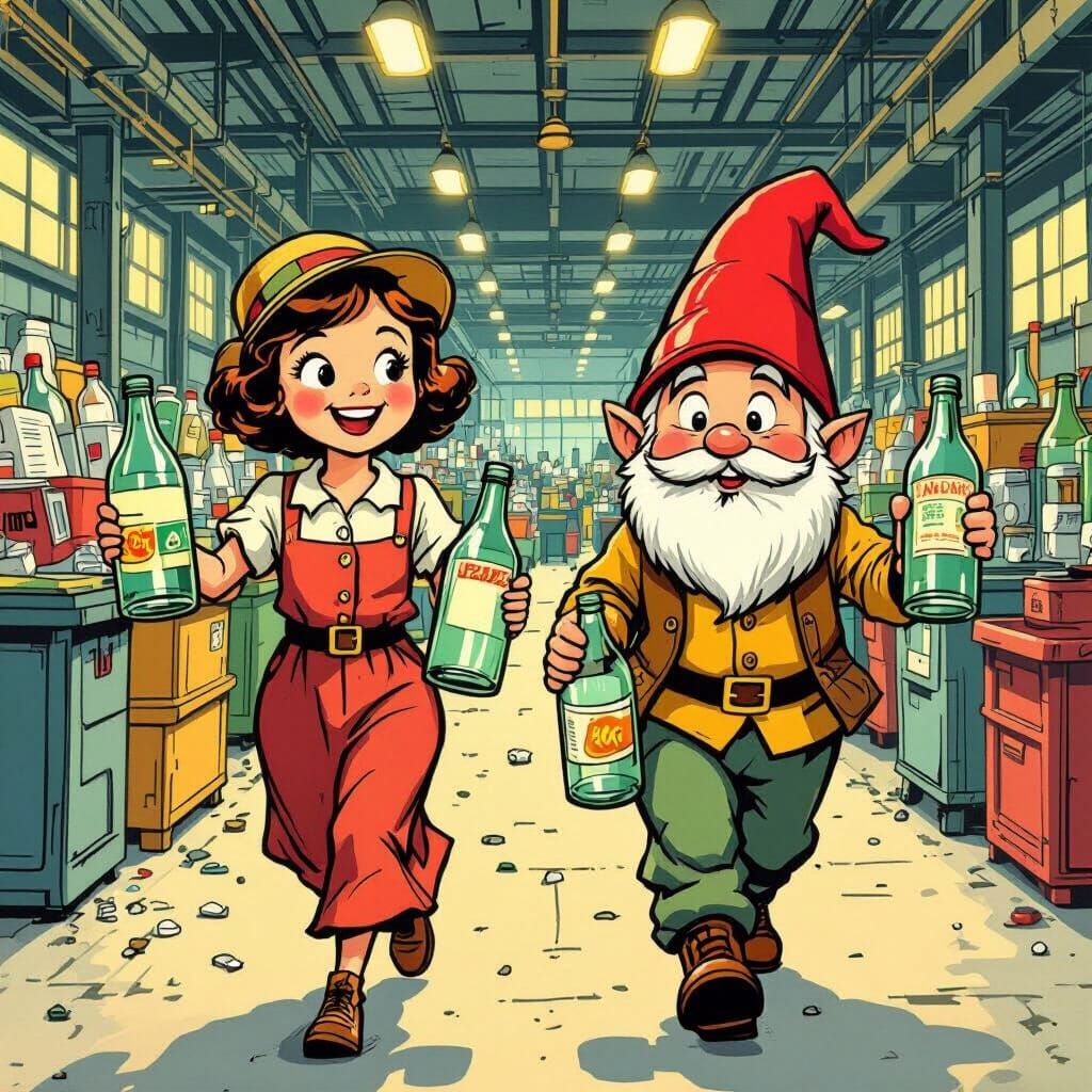 1920s Gnome and Human Haul Bottles in Comic Style