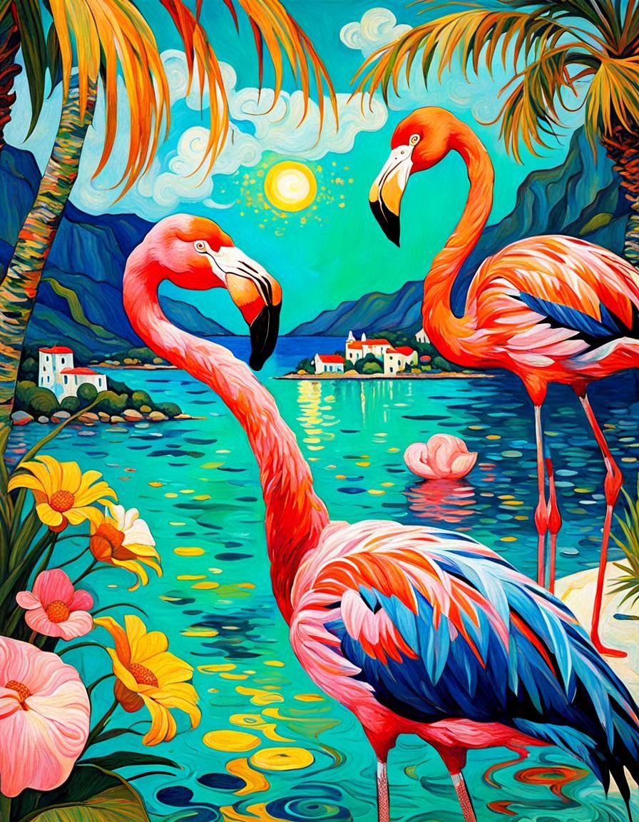 Flamingo Portrait in Impressionistic and Art Nouveau Style