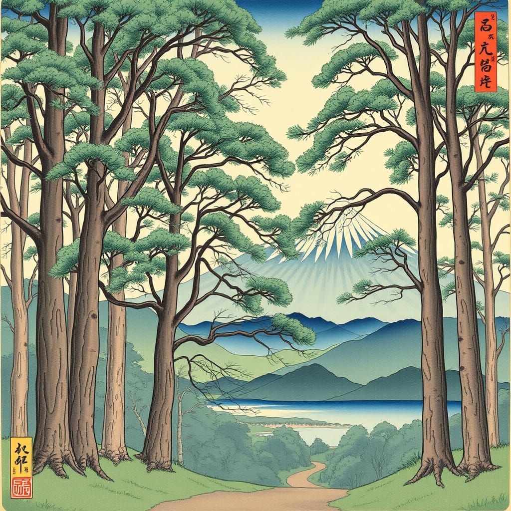 Traditional Japanese Woodblock Art: A Serene Forest Scene