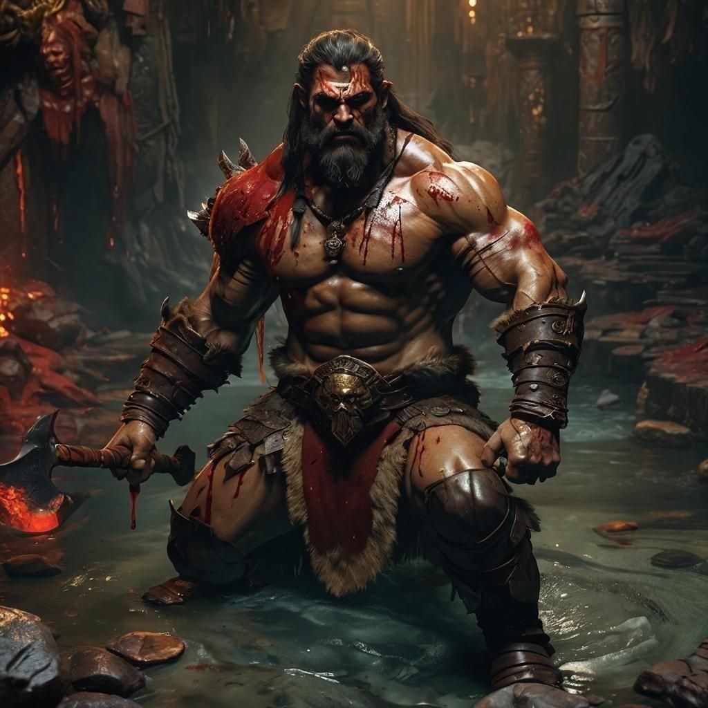 Barbarian Kneeling in Blood: Fantasy Concept Art