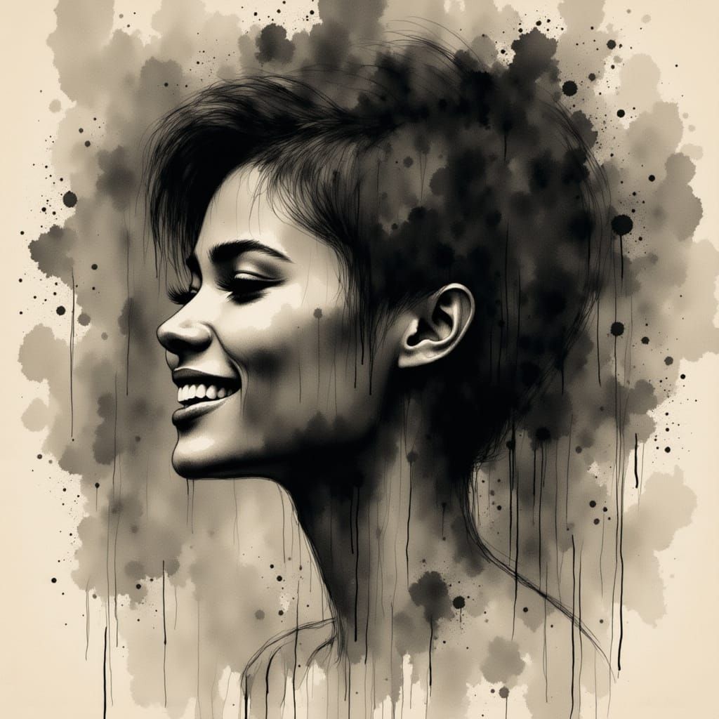 Alcohol Ink Portrait of Smiling Woman, Impressionistic Style