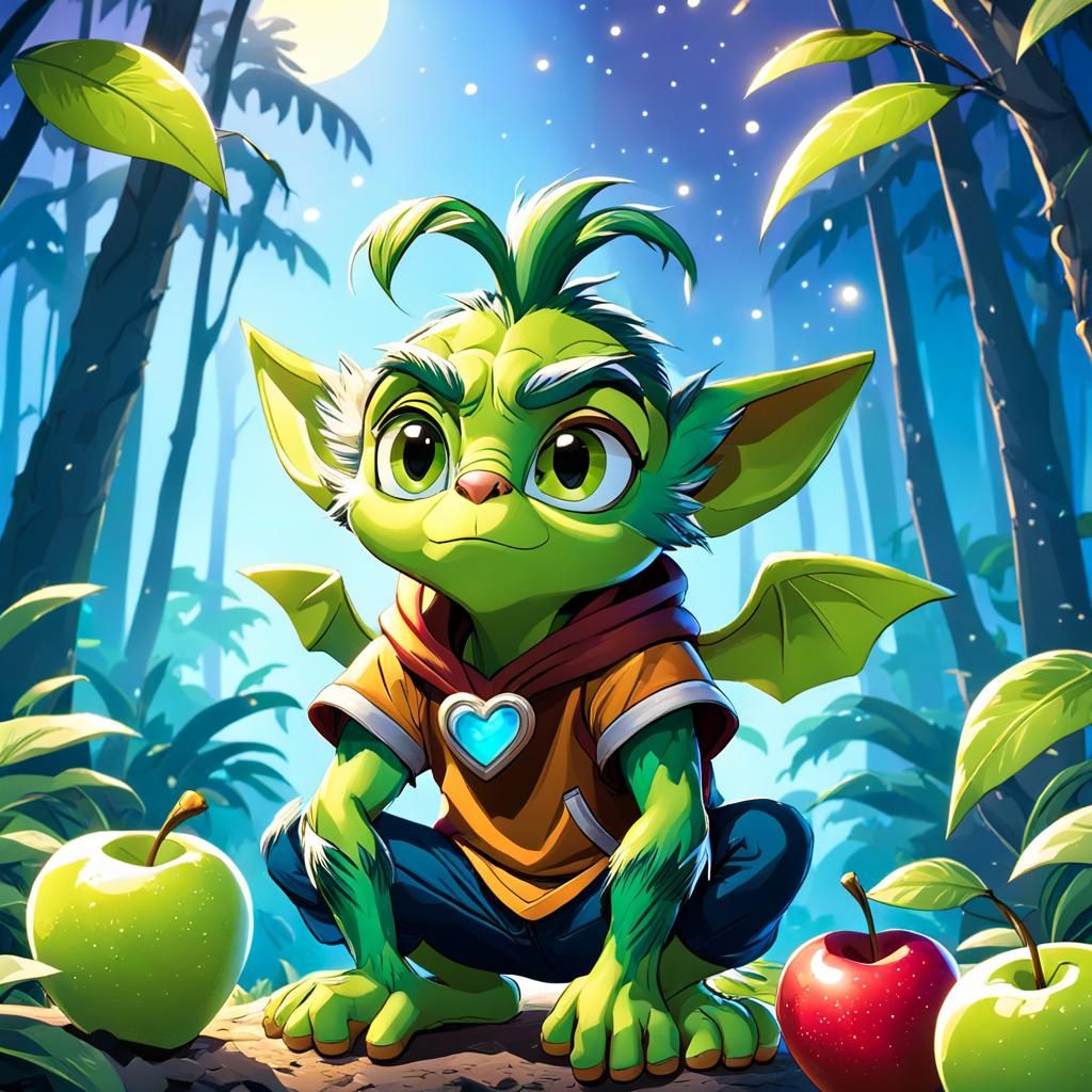 Cute Green Goblin Eating Apple in Jungle