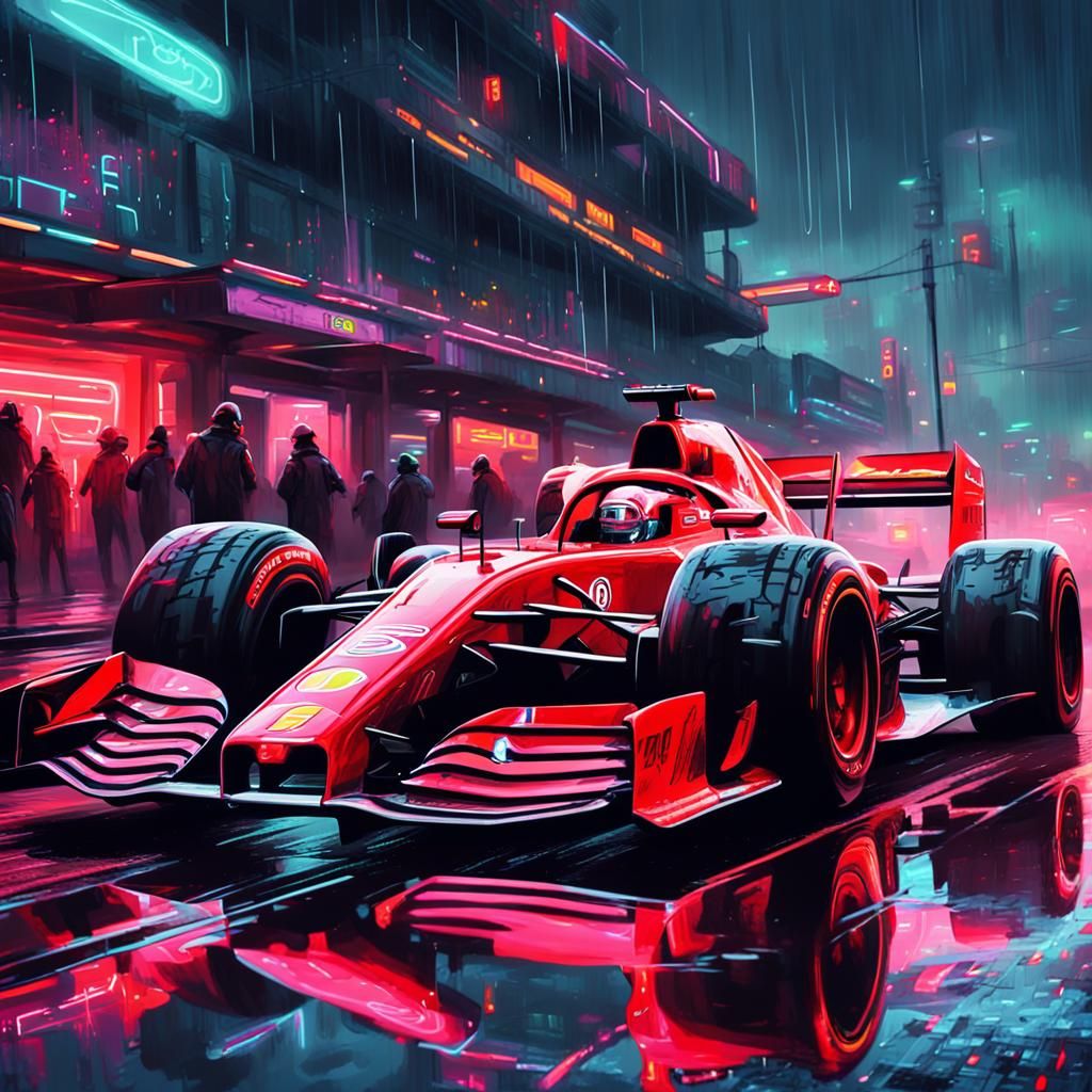 Red F1 Car Pitstop in Cyberpunk Neo-Noir Paddock