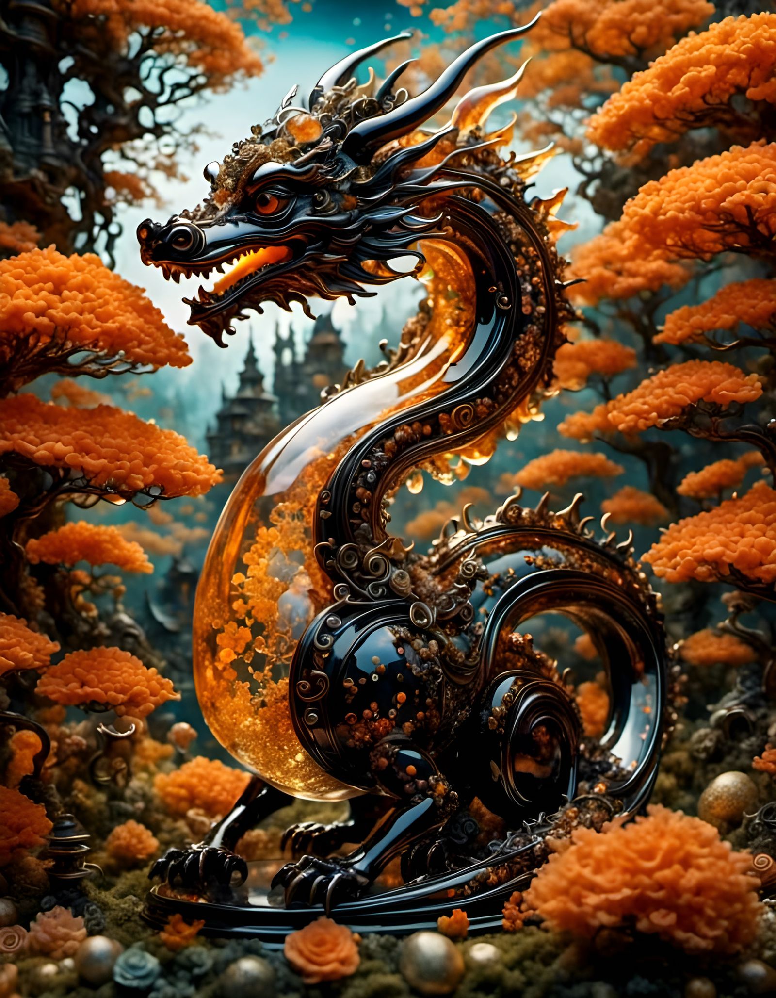 Bioluminescent Glass Dragon on Snowy Mountain