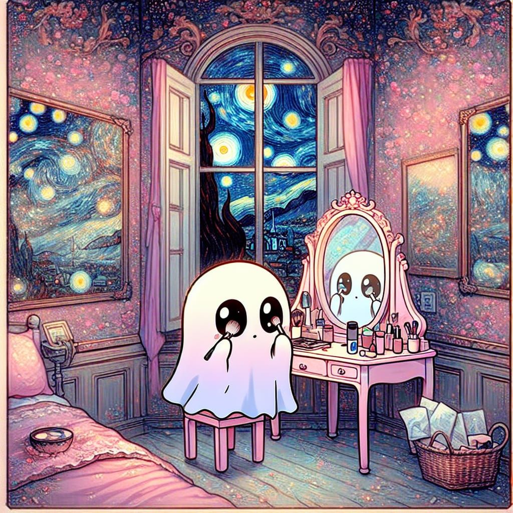 Chibi Ghost Applying Makeup in Impressionist Style