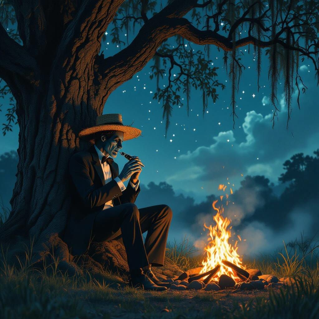 Spindly Man Serenades Under Starry Night Sky