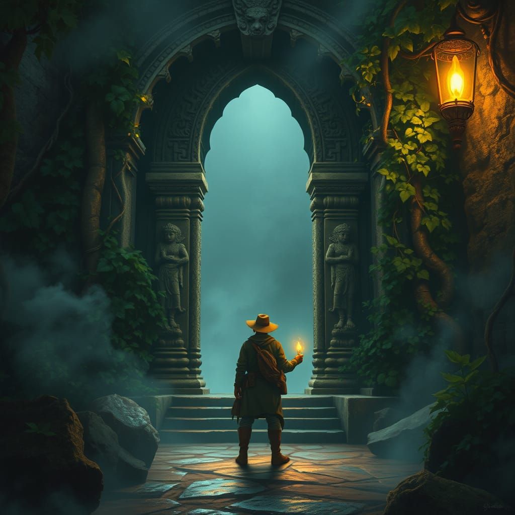 Explorer at Temple Entrance in Fantasy Art Style