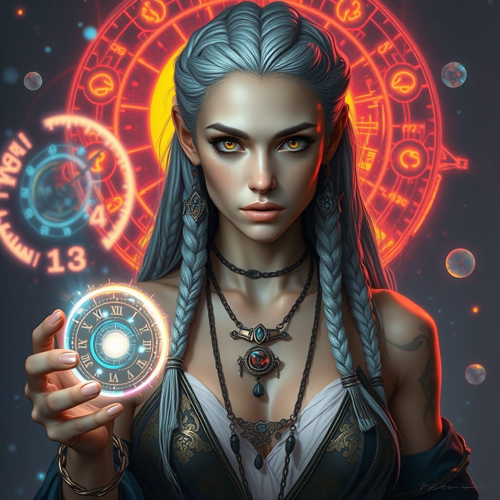 Time-Controlling Woman in Futuristic Digital Art
