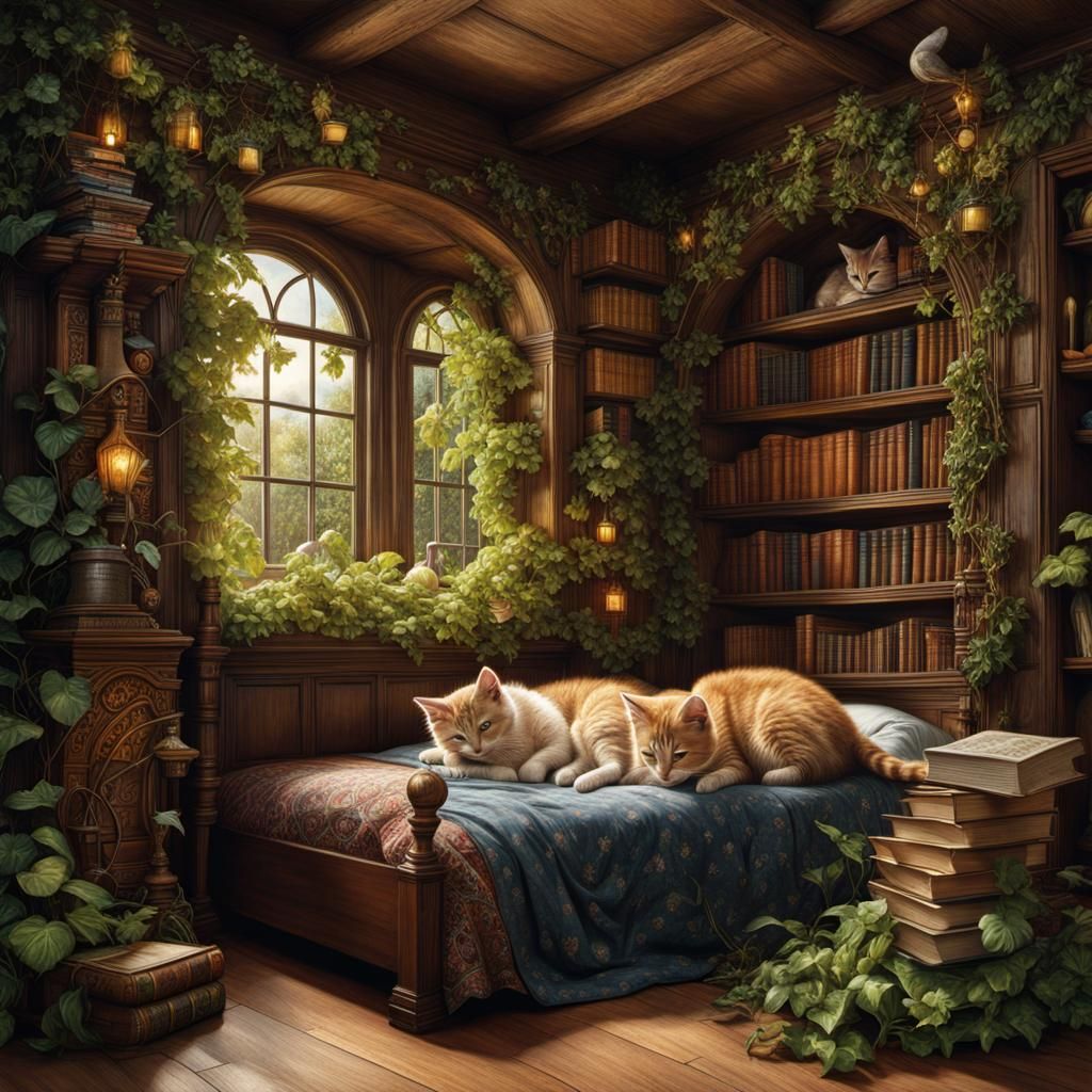 Lesbian Kiss in Book-Filled Room with Kittens