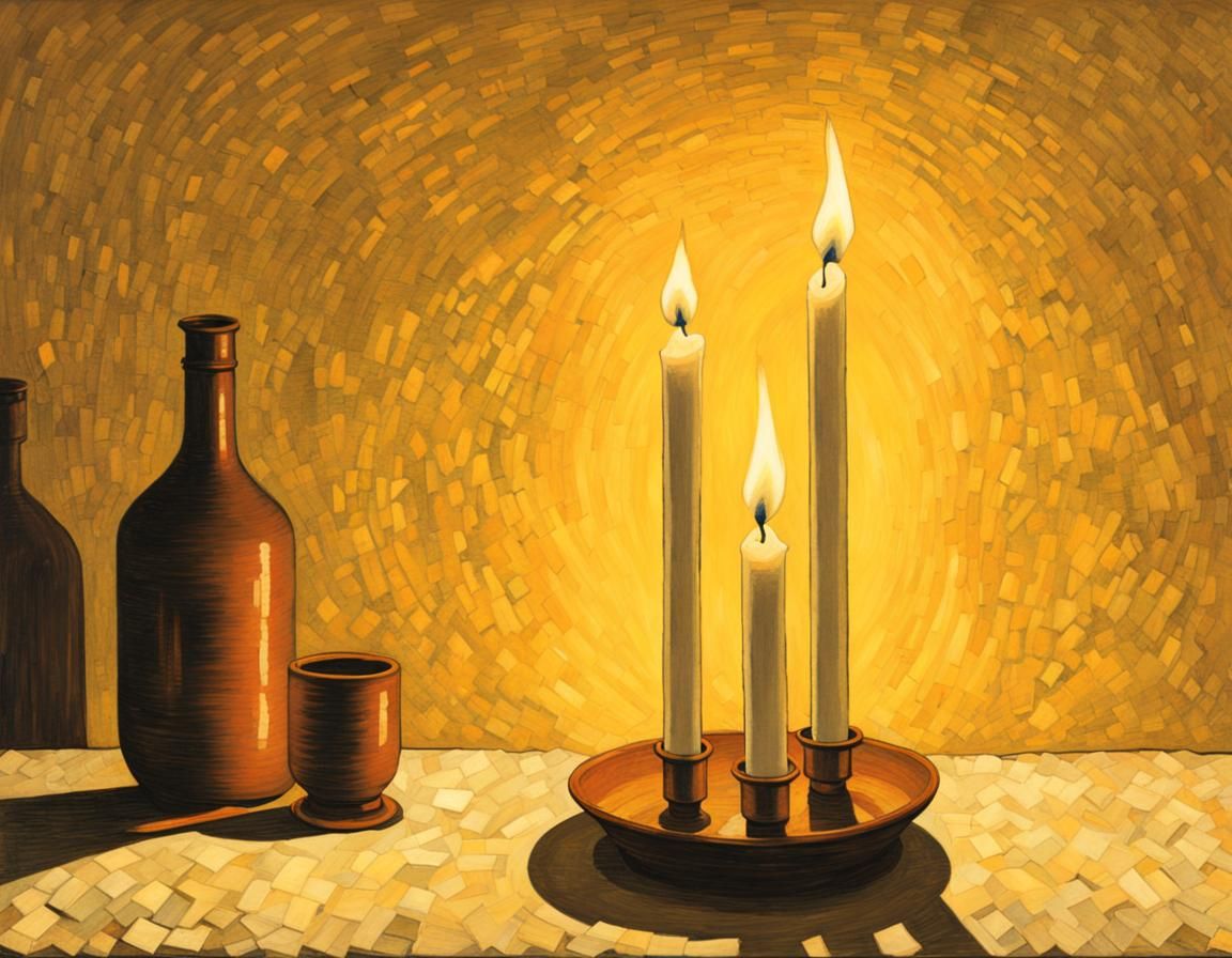 16k resolution, art by Hasui Kawase, Vincent van Gogh, Wassily Kandinsky. Candle flames, delicate flicker, soft glow, tr...