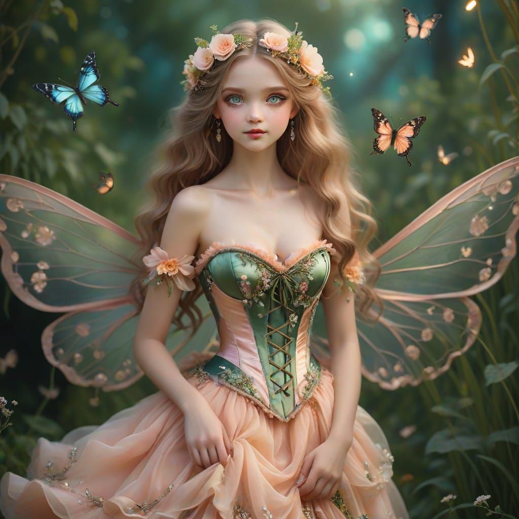 Elegant Fairy Dances in Moonlit Garden with Velvet Dress