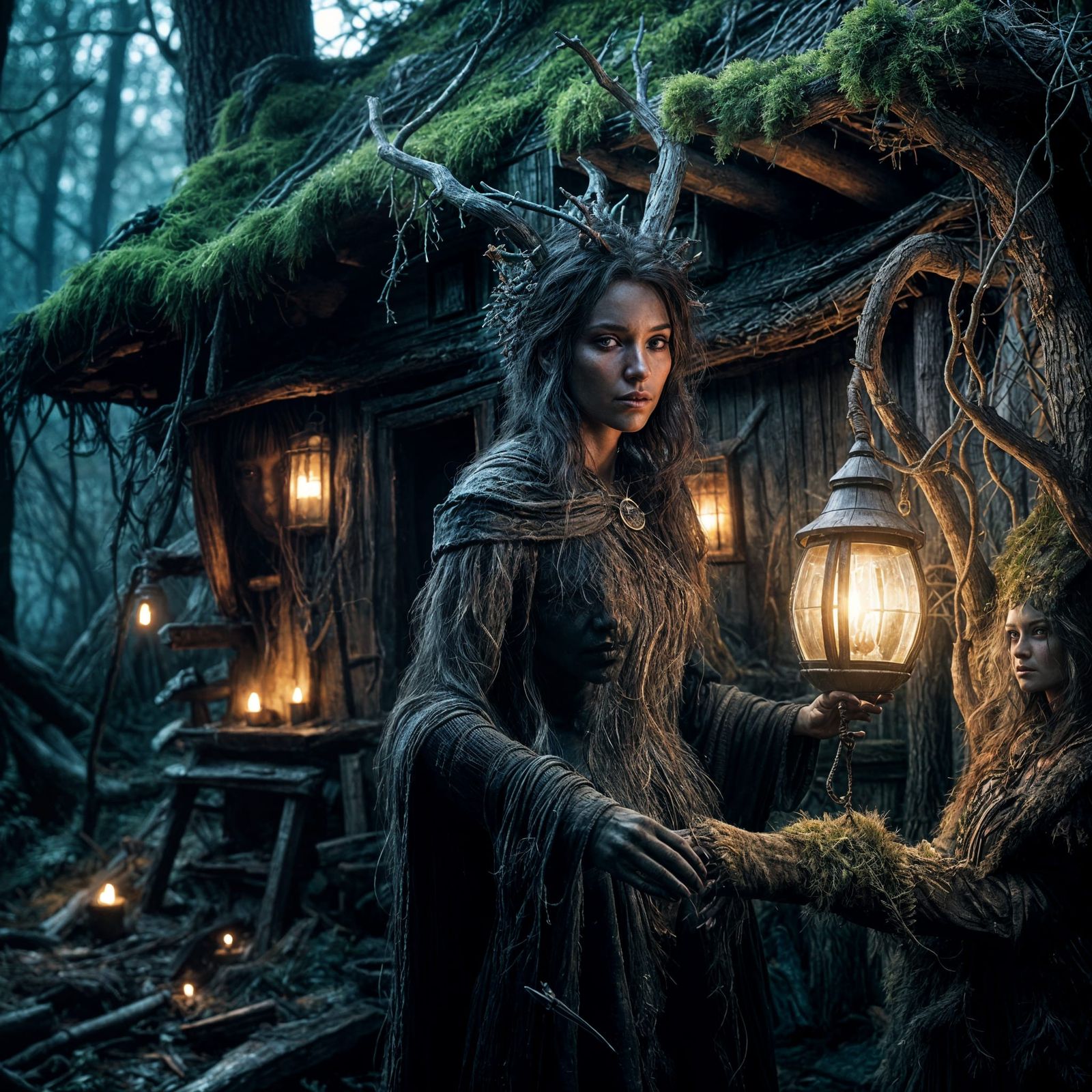 Witch Portrait in Grim Forest, Dark Fantasy Art