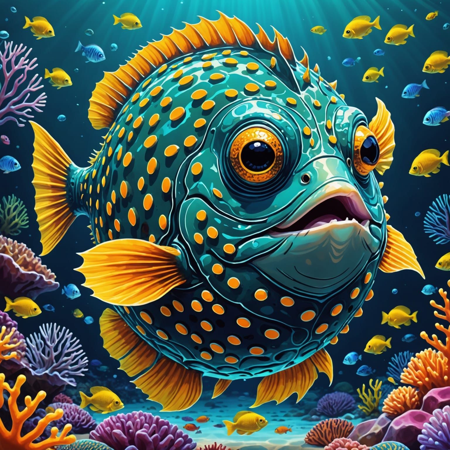 "A large Blowfish that is plump, wide-eyed with all of its spines puffed out" "Electric eels with iridescent skins wind ...