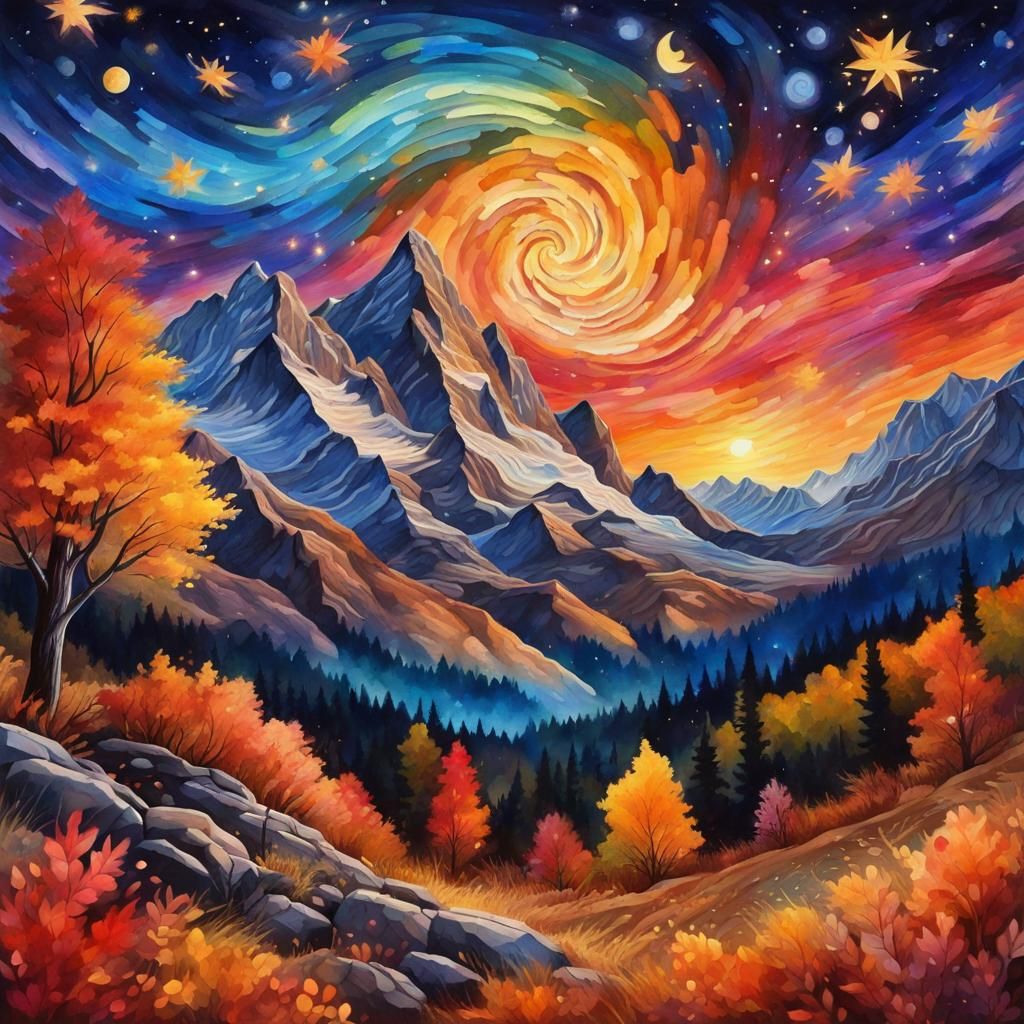 Autumn Landscape under Starry Night in Gouache Style