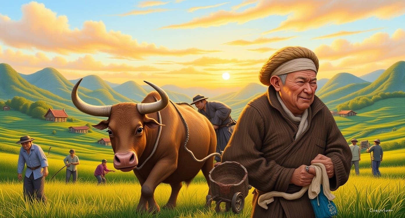 Watercolor Portrait of Chinese Villager Ploughing Fields wit...