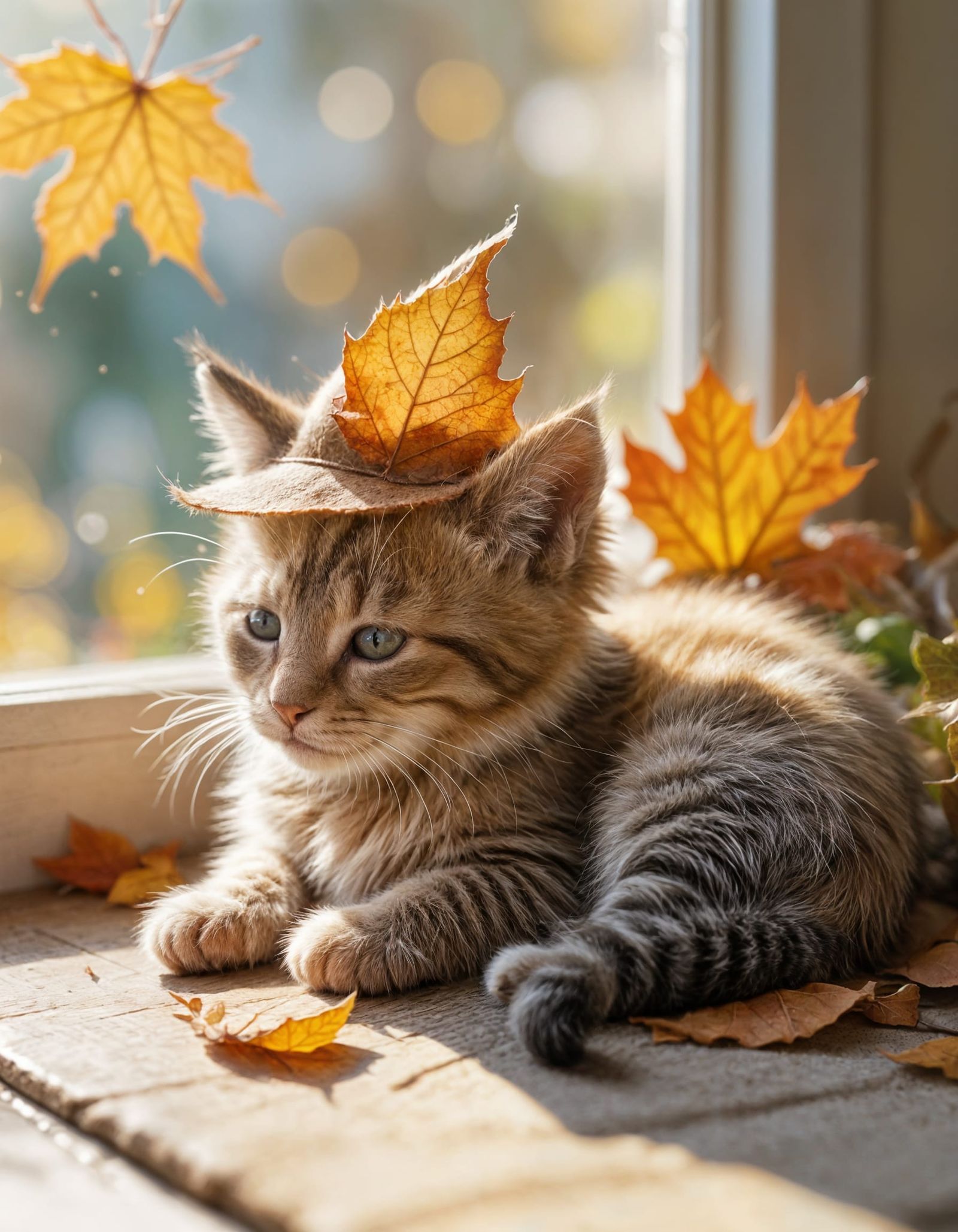 Adorable Kitten Sleeping in Autumn Leaf Hat