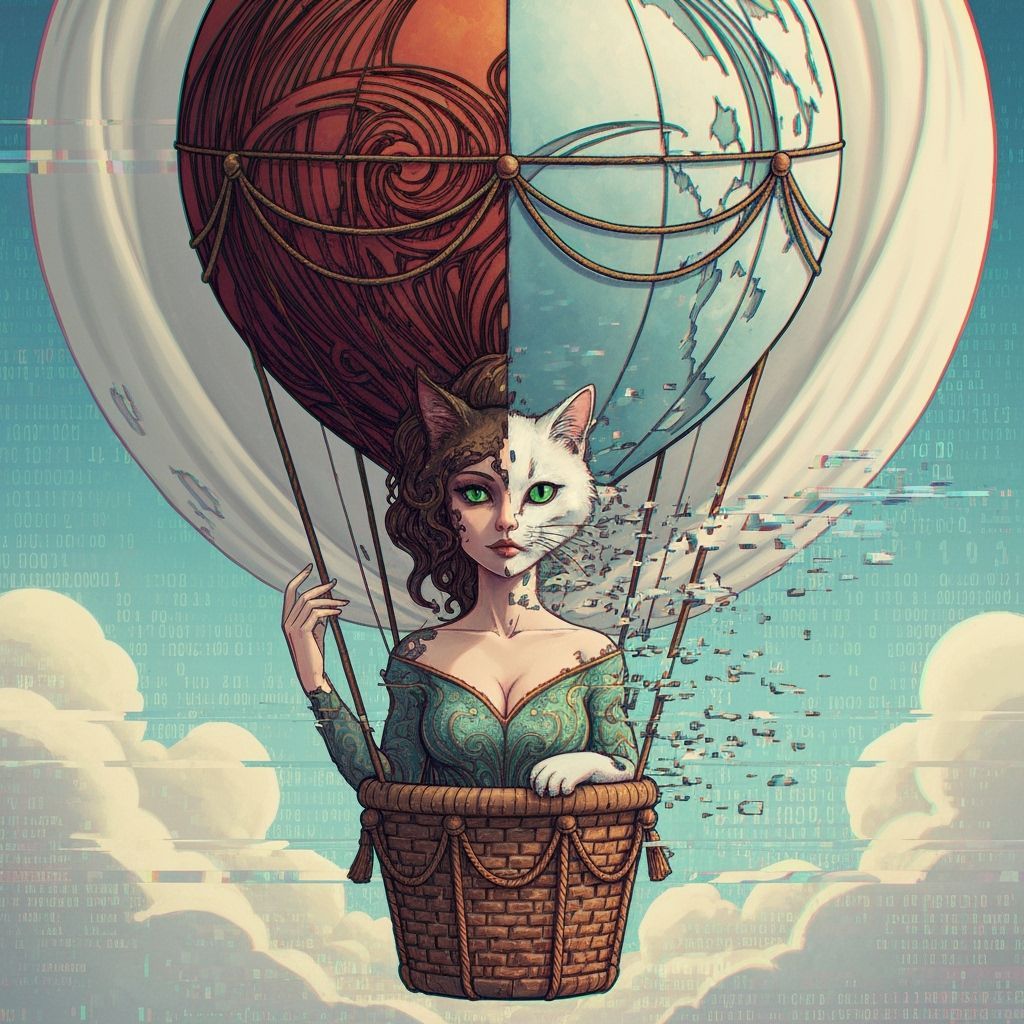 A beautiful half-woman, half-cat hybrid with green eyes is d...