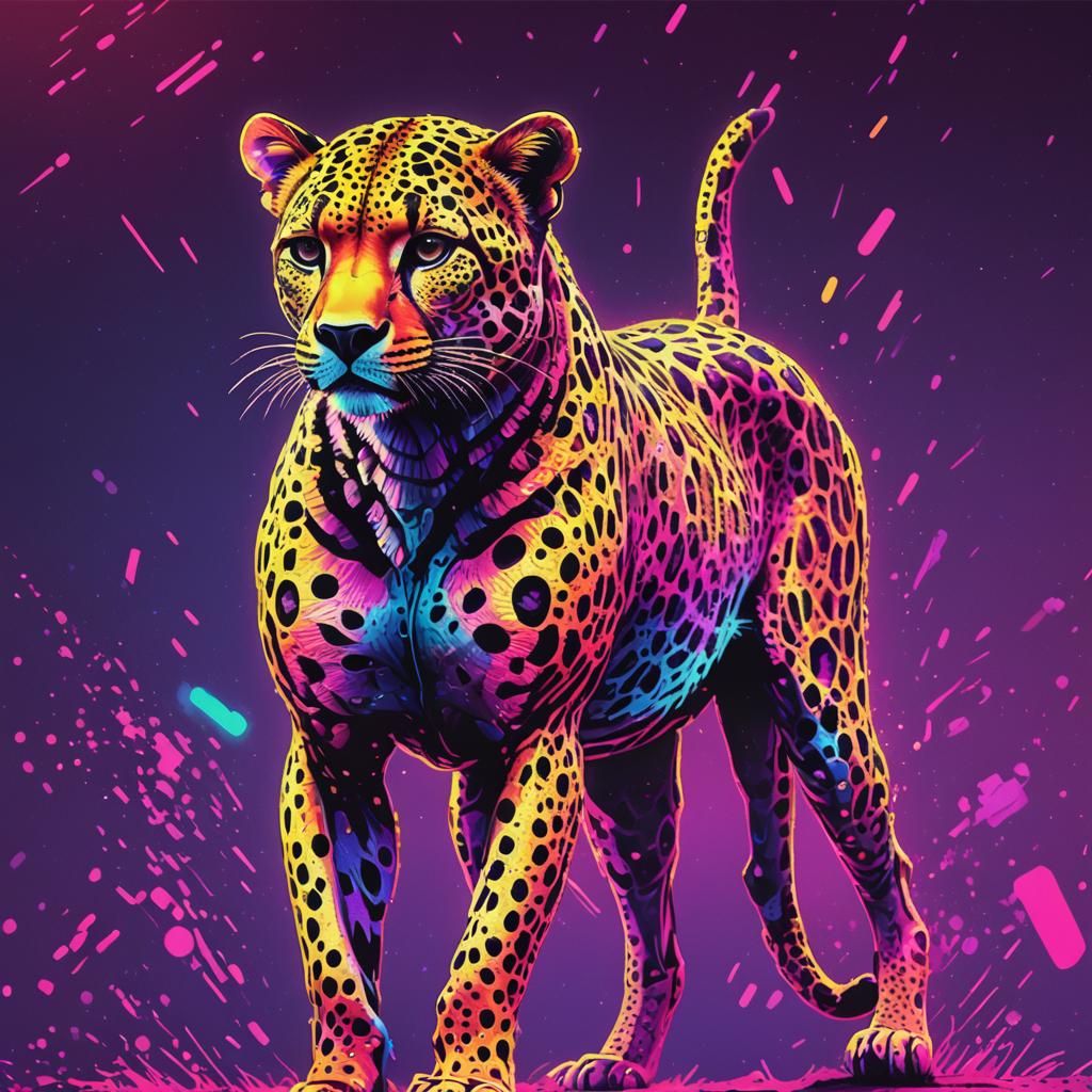 Gradient Pointillist Cyborg Cheetah in Synthwave Style
