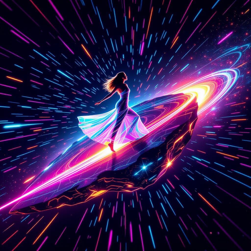 Psychedelic Laser Art of Ella on a Meteor in Deep Space