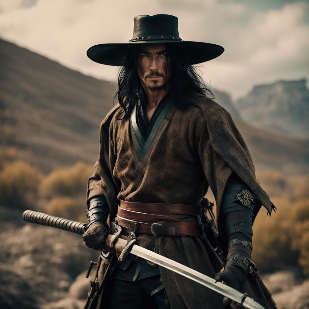 Fantasy Cowboy Samurai Warrior in Cinematic Film Still