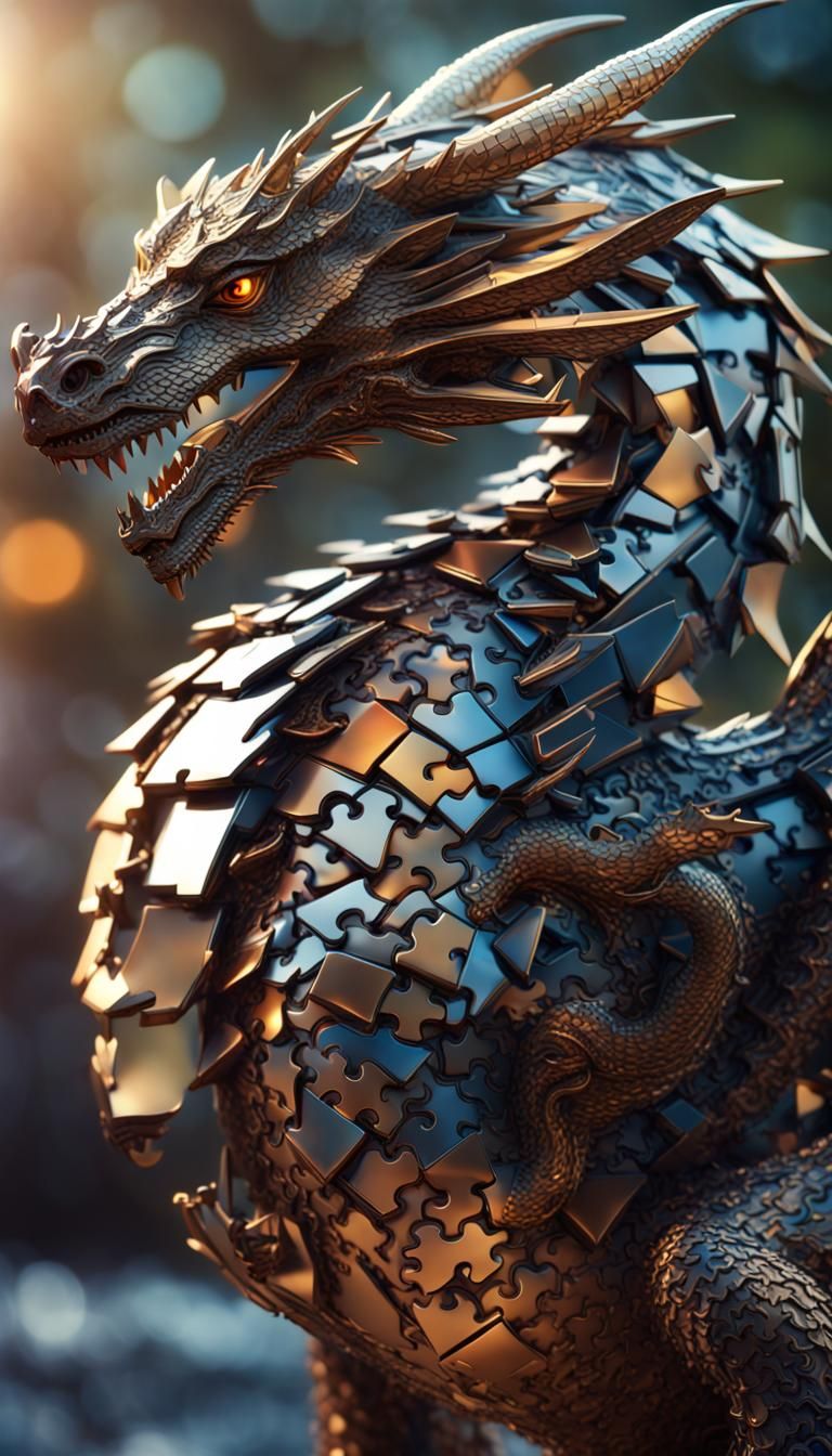 Metallic Puzzle Dragon in Professional Photo Style