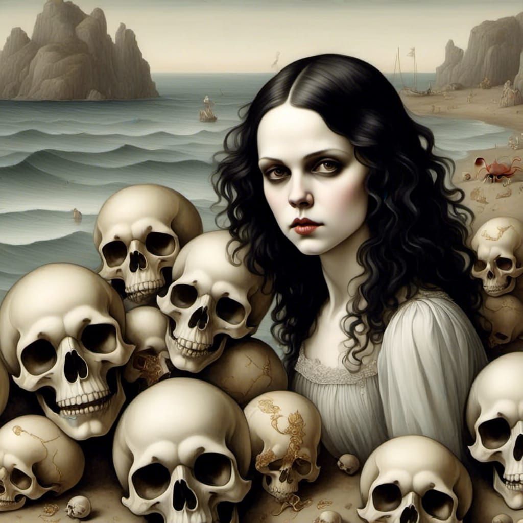 Happy Girl on Beach with Crabs and Skulls