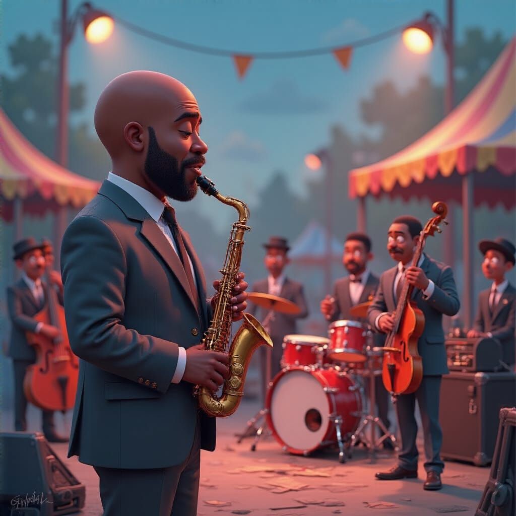 Blues Festival Scene in Pixar Cartoon Style