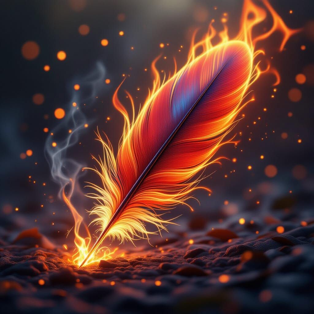 Fiery Feather with Ash Wisps in Dreamlike Atmosphere