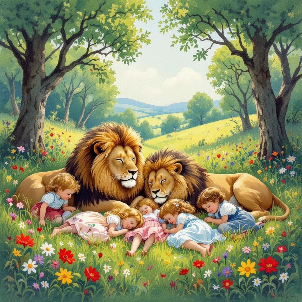 Lions Protecting Children in Lush Meadow, Whimsical Art