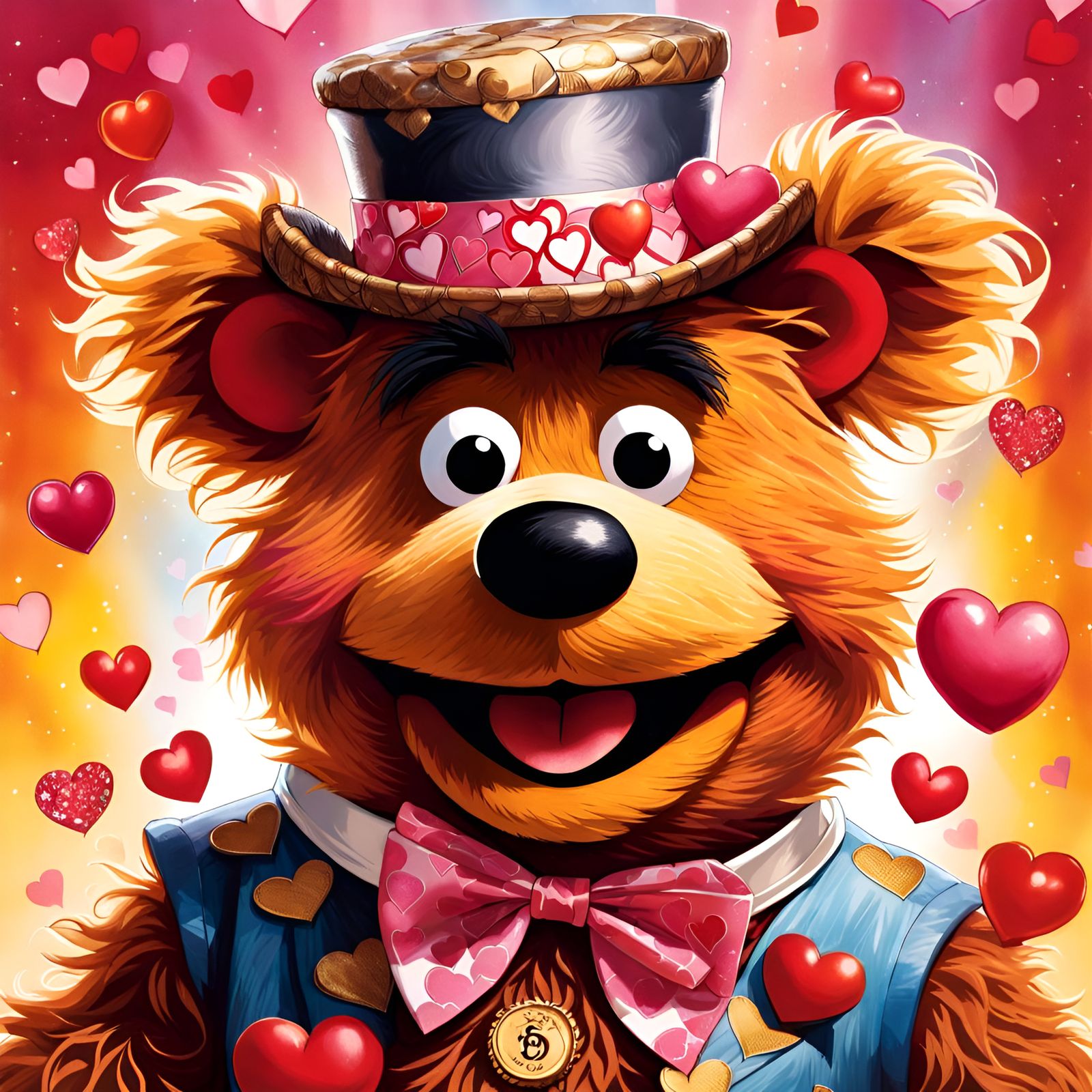 Happy Fozzie Bear Portrait with Hearts