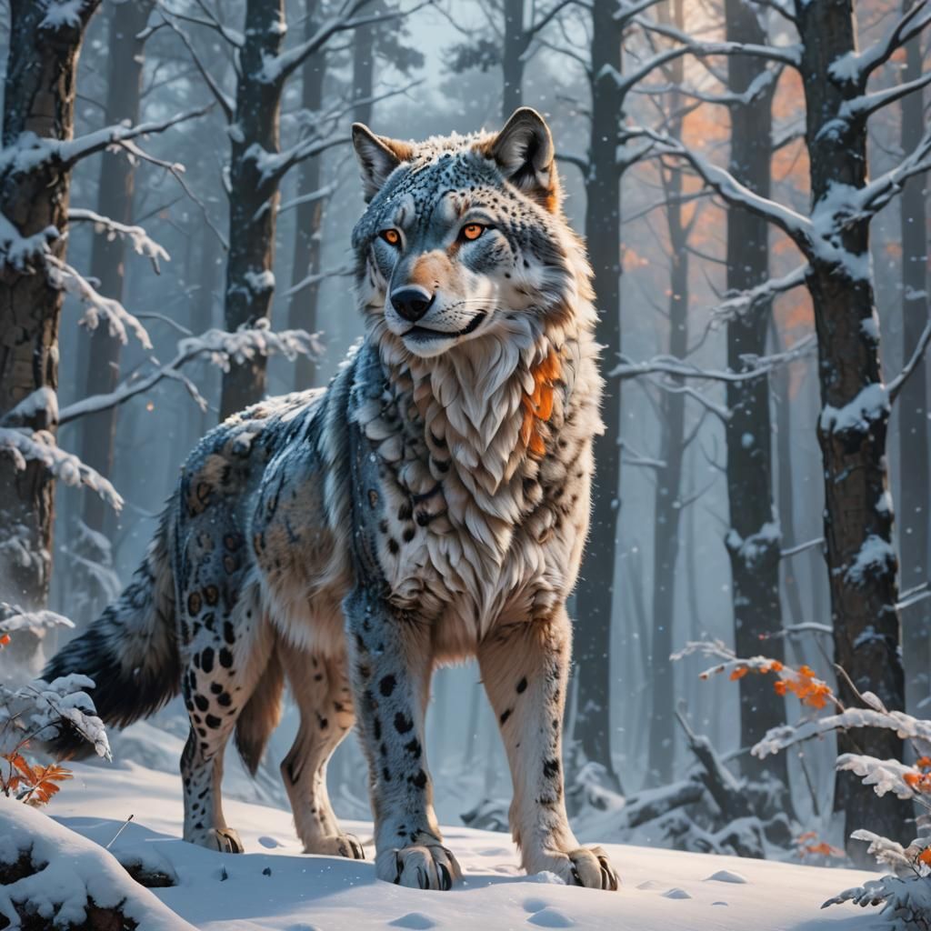 Majestic Wolf Leopard Hybrid in Snowy Forest