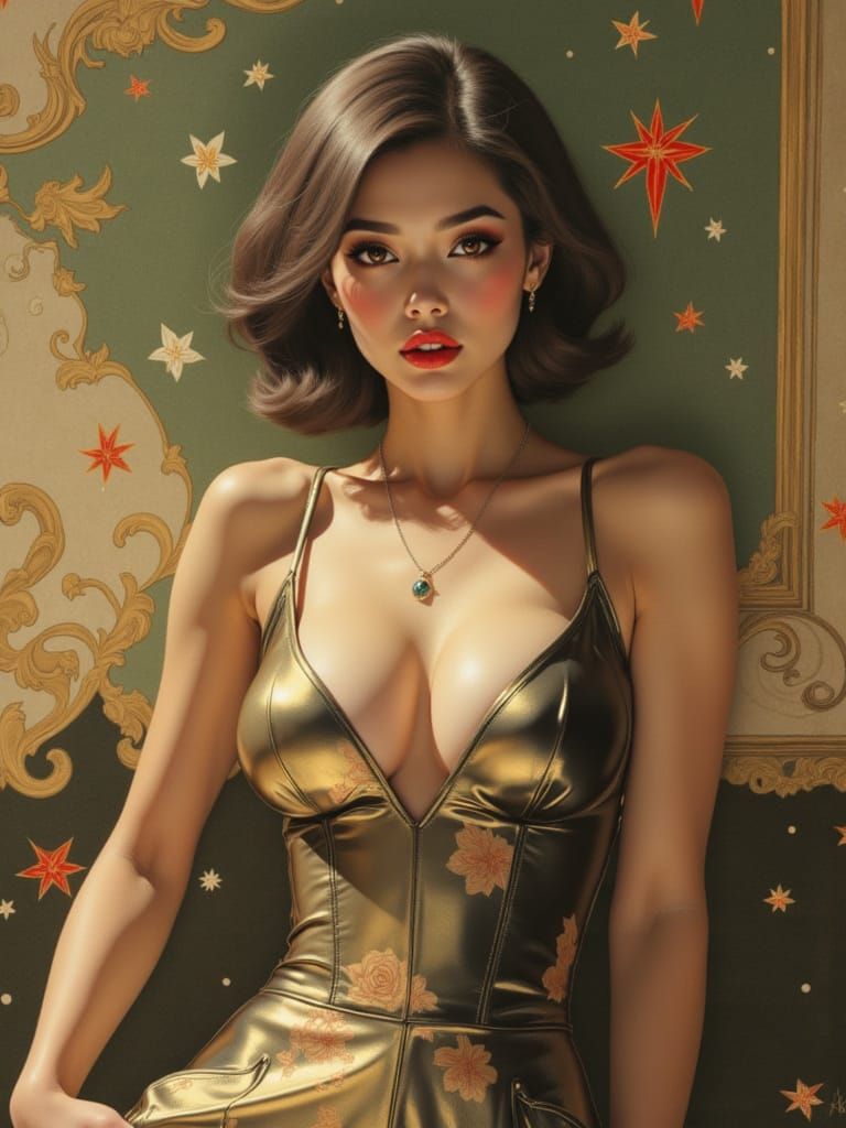 Glowing Korean Pin-Up Woman in Elegant Lempicka Style