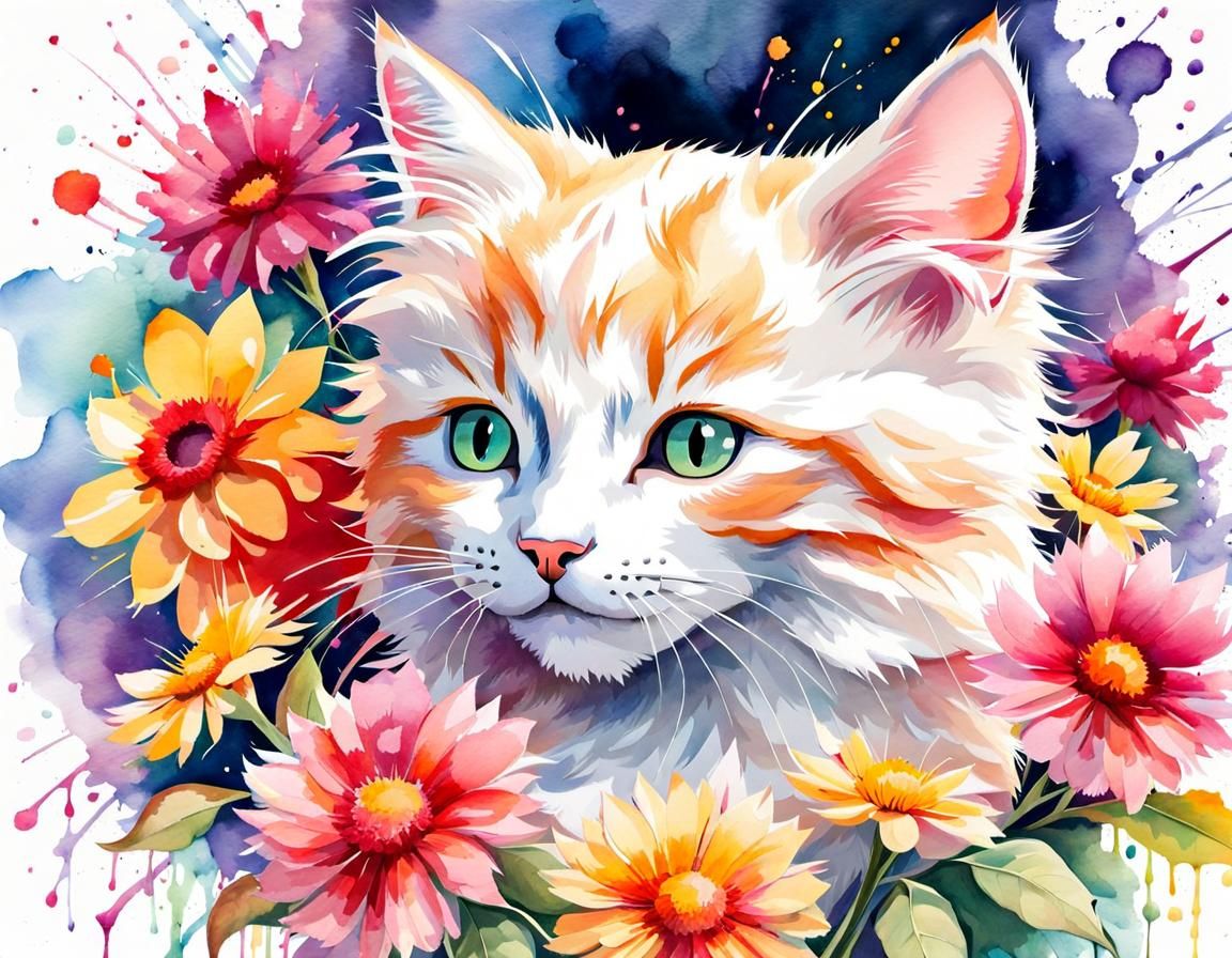 Watercolor Kitten Portrait with Flowers, Hyperdetailed Fanta...
