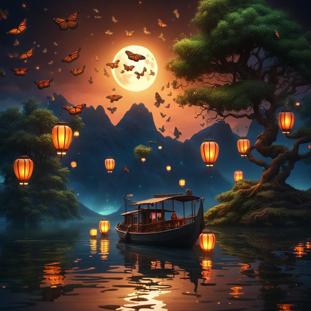 Boat to Island with Lanterns and Butterflies