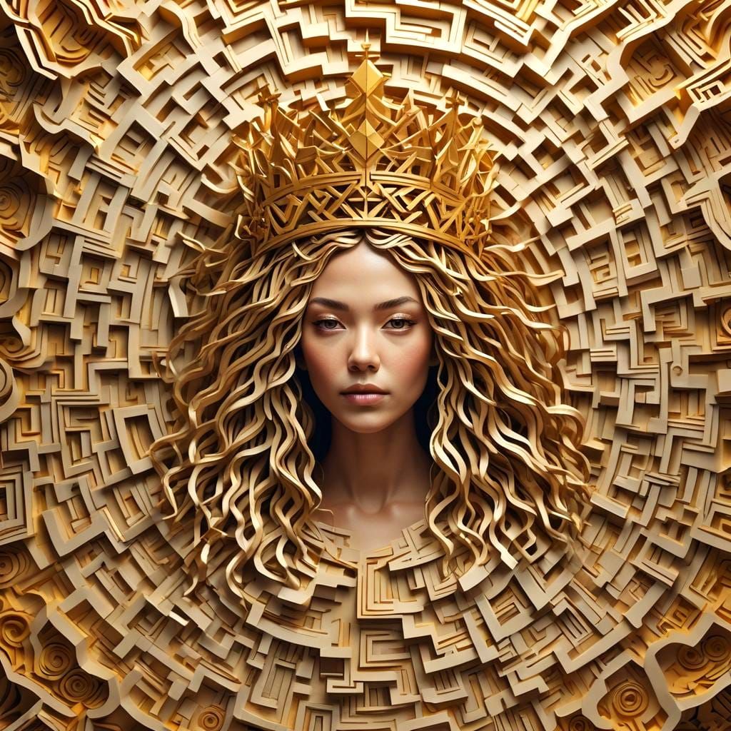 Golden Dreadlock Maze with Crowned Woman, Origami Style
