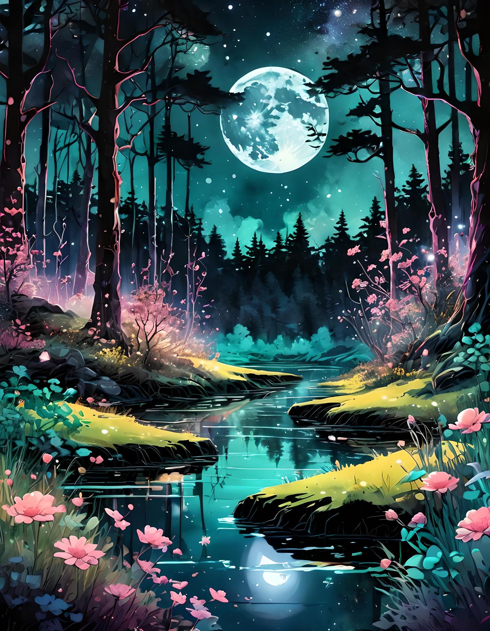 Vaporwave Moonlit Meadow in Digital Watercolor