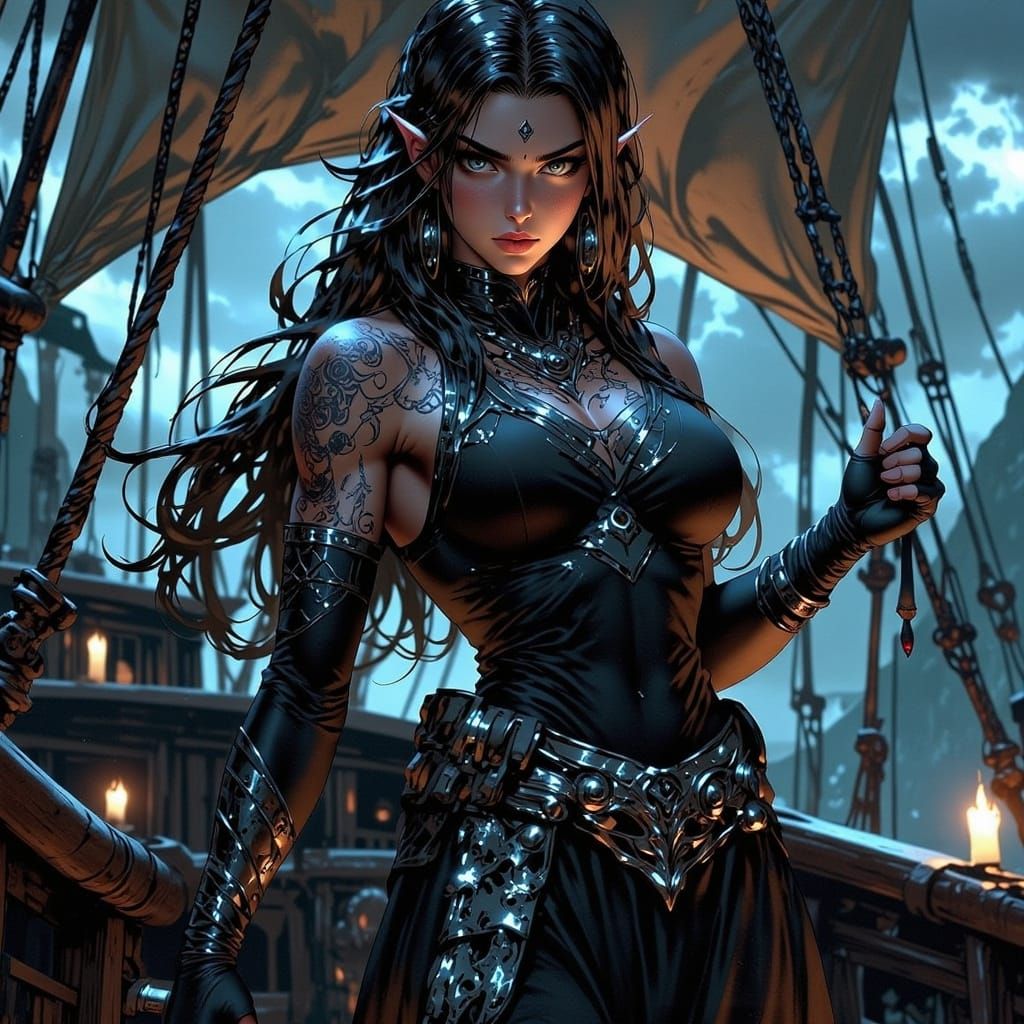 Elven Pirate Captain in Dramatic Storm