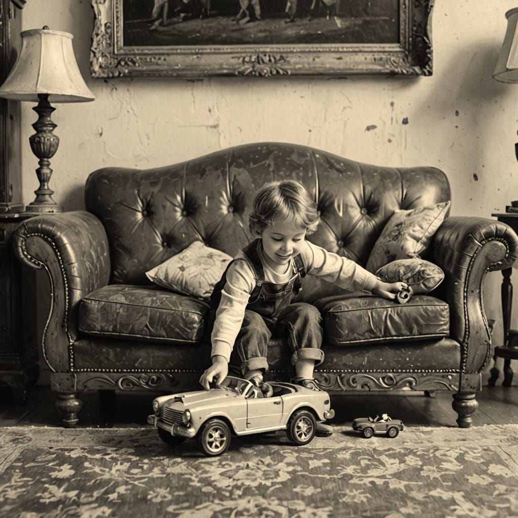 Child's Play: Toy Car on Antique Couch