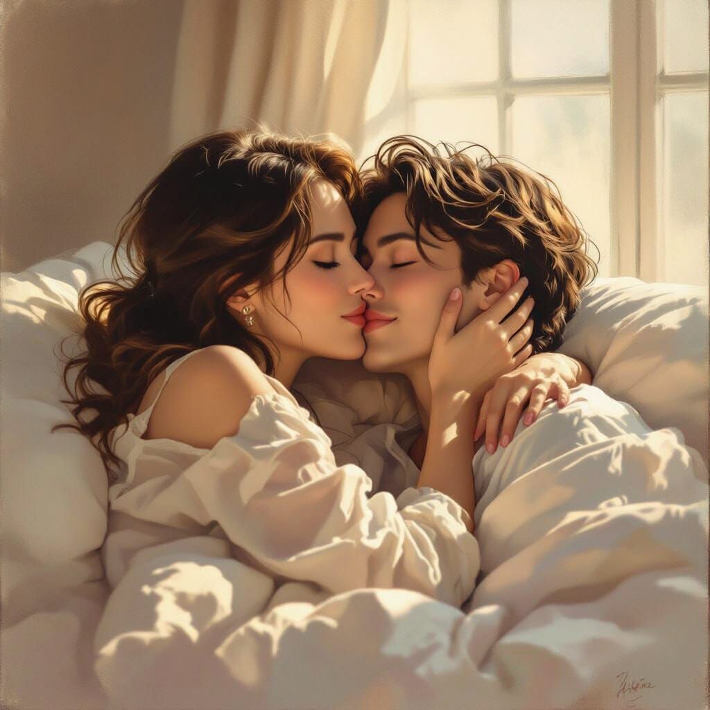 Intimate Portrait: Gentle Kiss in Morning Sunlight