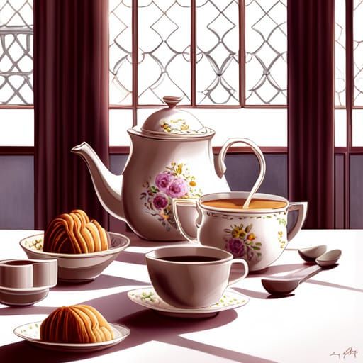 Detailed Digital Painting of a Tea Ceremony