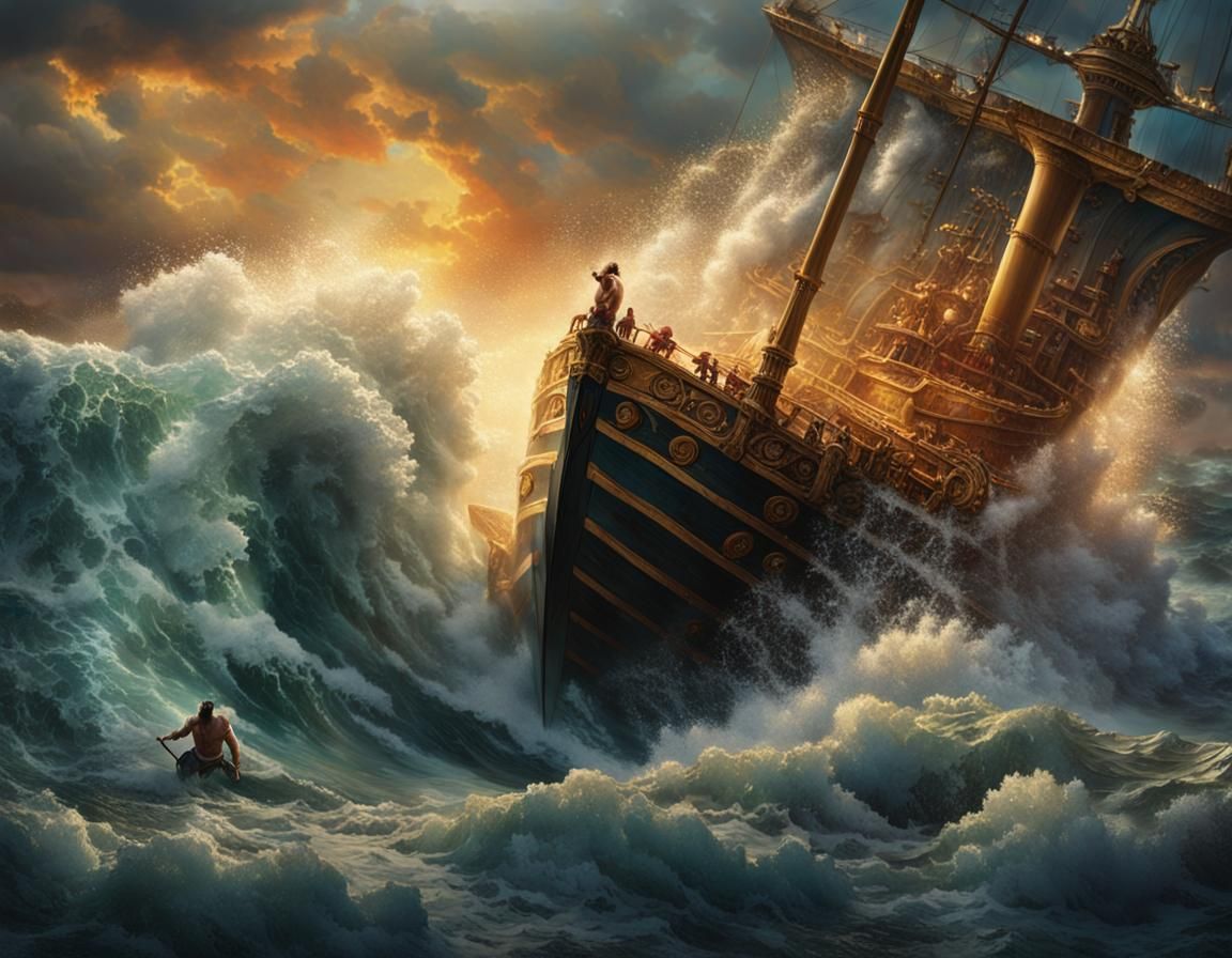 Gigantic Poseidon Unleashes Fury Upon a Small Ship in Turbul...