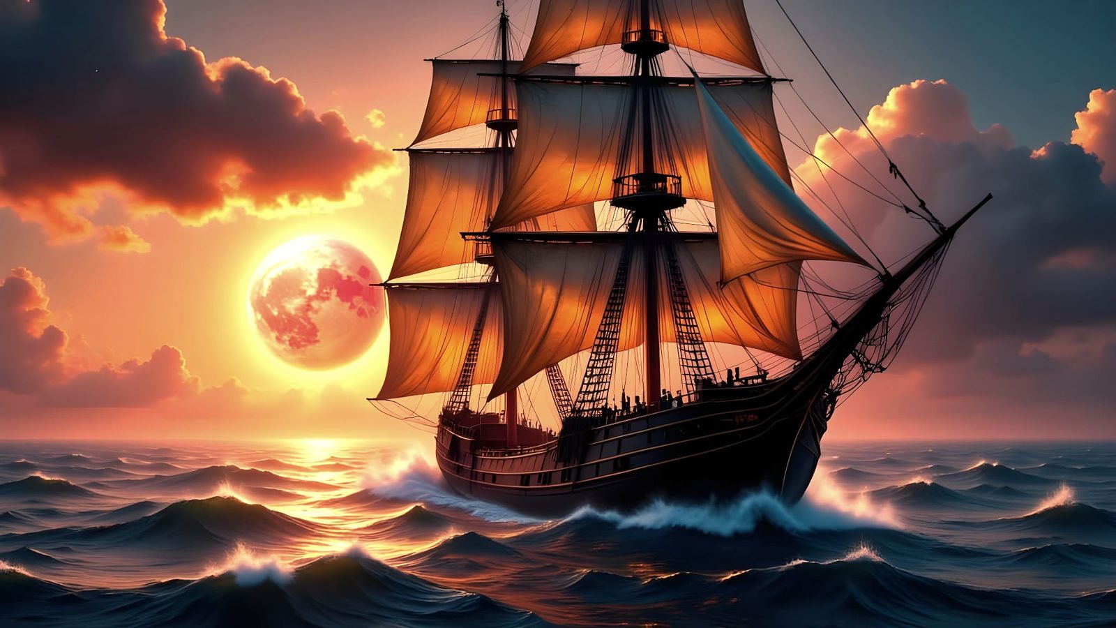 Historic Sailing Ship Under Blood Red Moon